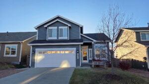 A two-story gray house with white trim, a double garage, and a leafless tree in the front yard, photographed in daylight.